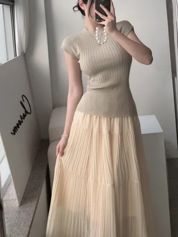 ウエストゴムフレンチスリーブロングAラインセットアップスカートニットベルト付 | 詳細画像4