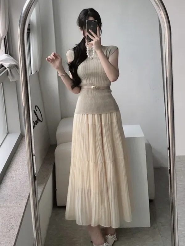 ウエストゴムフレンチスリーブロングAラインセットアップスカートニットベルト付 | 詳細画像5