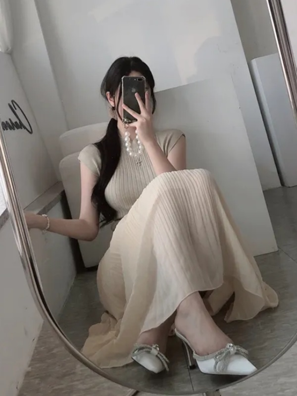 ウエストゴムフレンチスリーブロングAラインセットアップスカートニットベルト付 | 詳細画像6