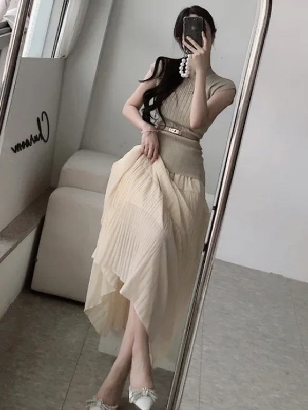 ウエストゴムフレンチスリーブロングAラインセットアップスカートニットベルト付 | 詳細画像7