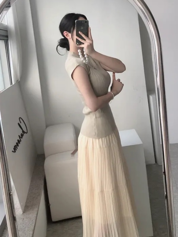 ウエストゴムフレンチスリーブロングAラインセットアップスカートニットベルト付 | 詳細画像8