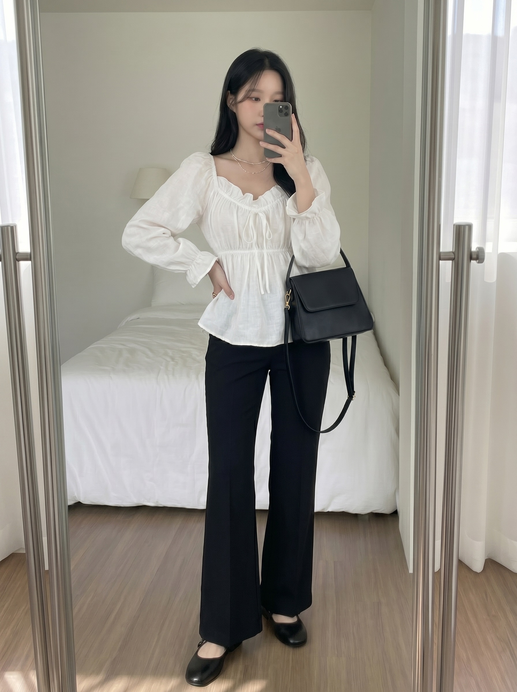 フリルペプラムパフスリーブ長袖リボンブラウス | 詳細画像2