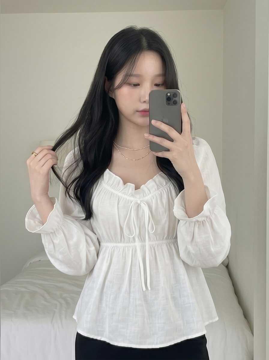 フリルペプラムパフスリーブ長袖リボンブラウス | 詳細画像6