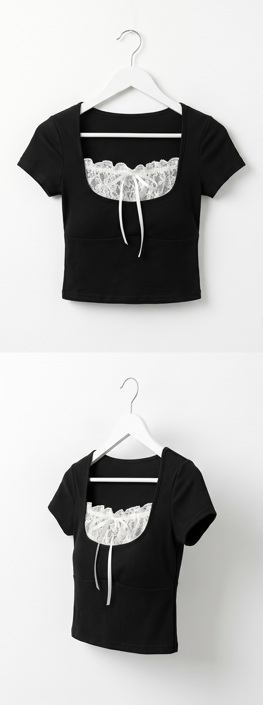 レースコンビスクエアネッククロップドレイヤード風半袖リボンTシャツ | 詳細画像12