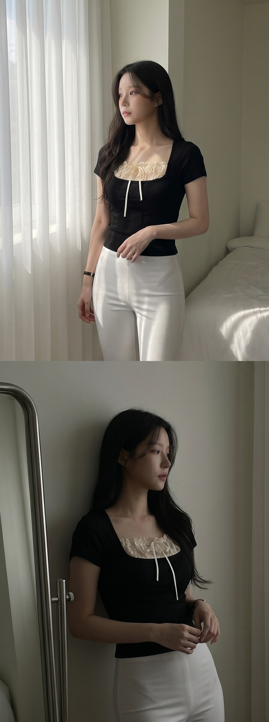 レースコンビスクエアネッククロップドレイヤード風半袖リボンTシャツ | 詳細画像3