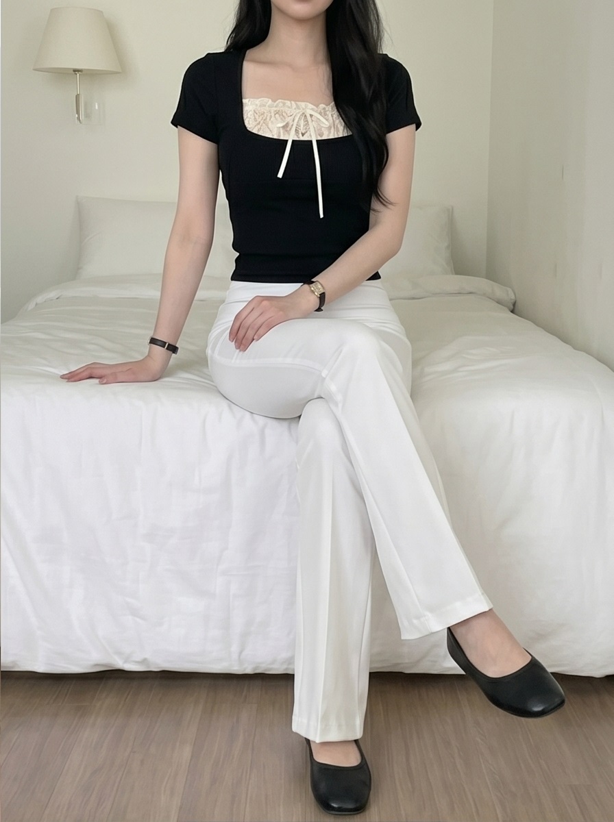 レースコンビスクエアネッククロップドレイヤード風半袖リボンTシャツ | 詳細画像5