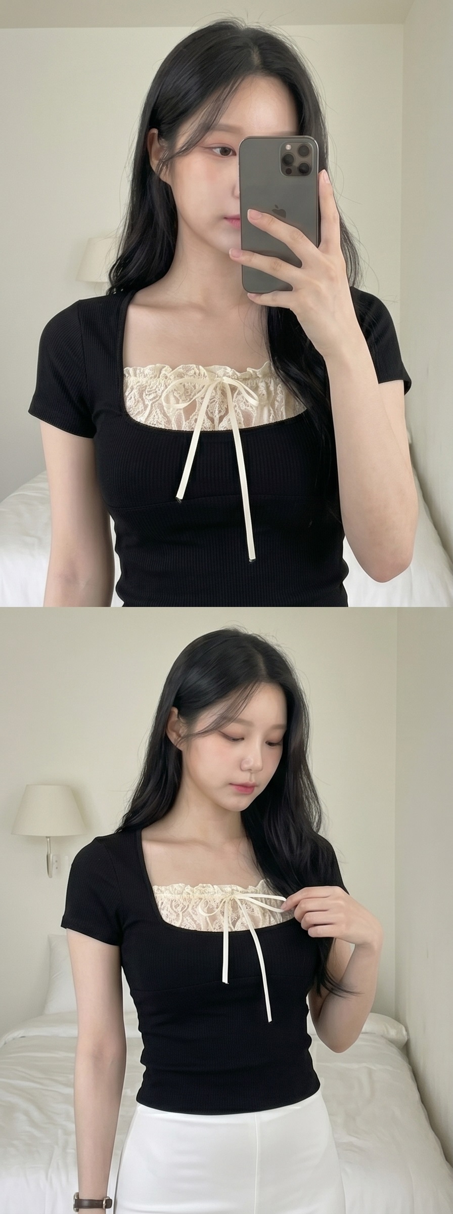 レースコンビスクエアネッククロップドレイヤード風半袖リボンTシャツ | 詳細画像6