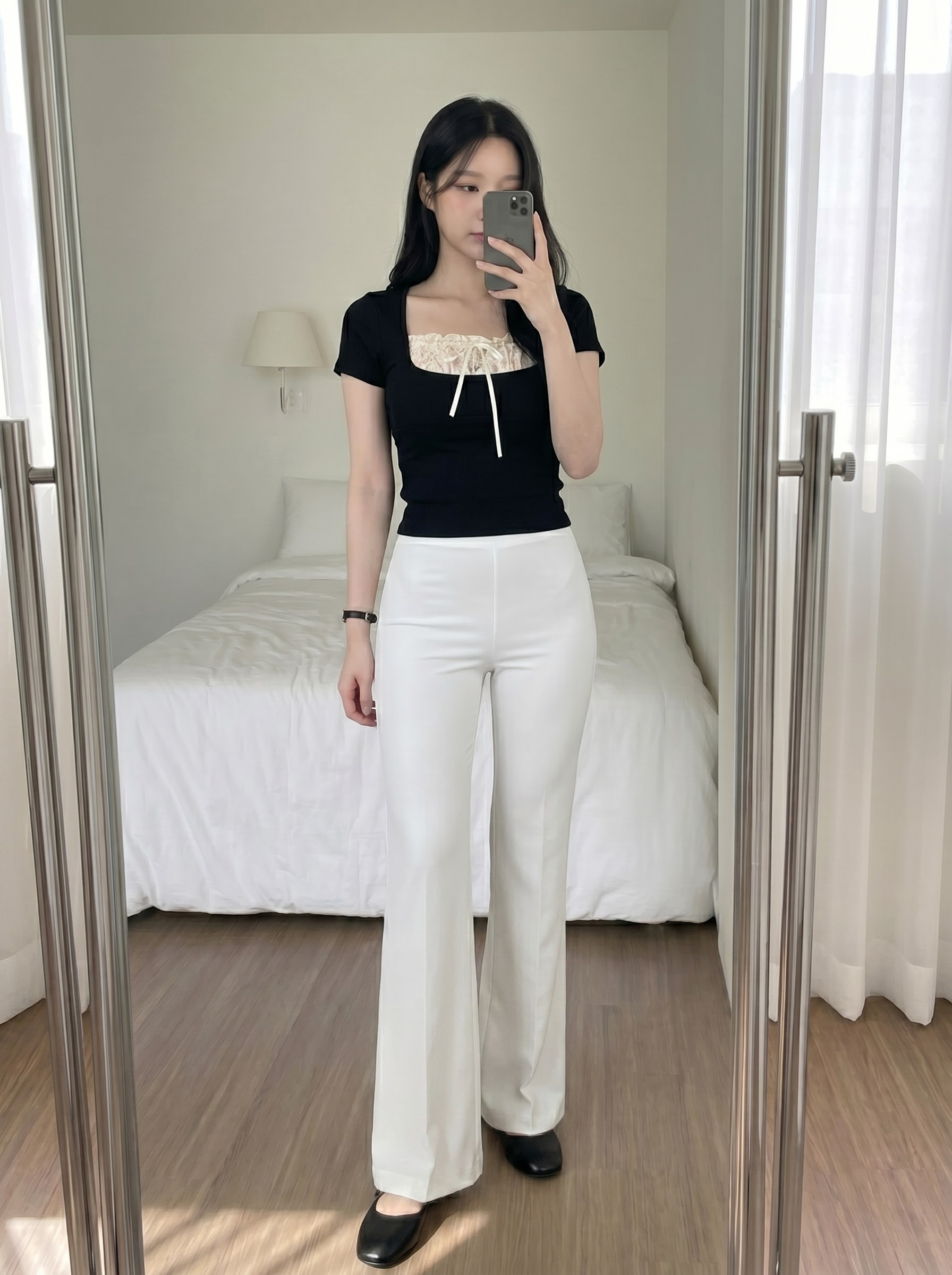 レースコンビスクエアネッククロップドレイヤード風半袖リボンTシャツ | 詳細画像2