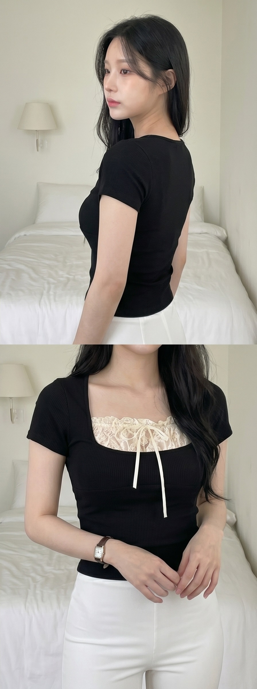 レースコンビスクエアネッククロップドレイヤード風半袖リボンTシャツ | 詳細画像8