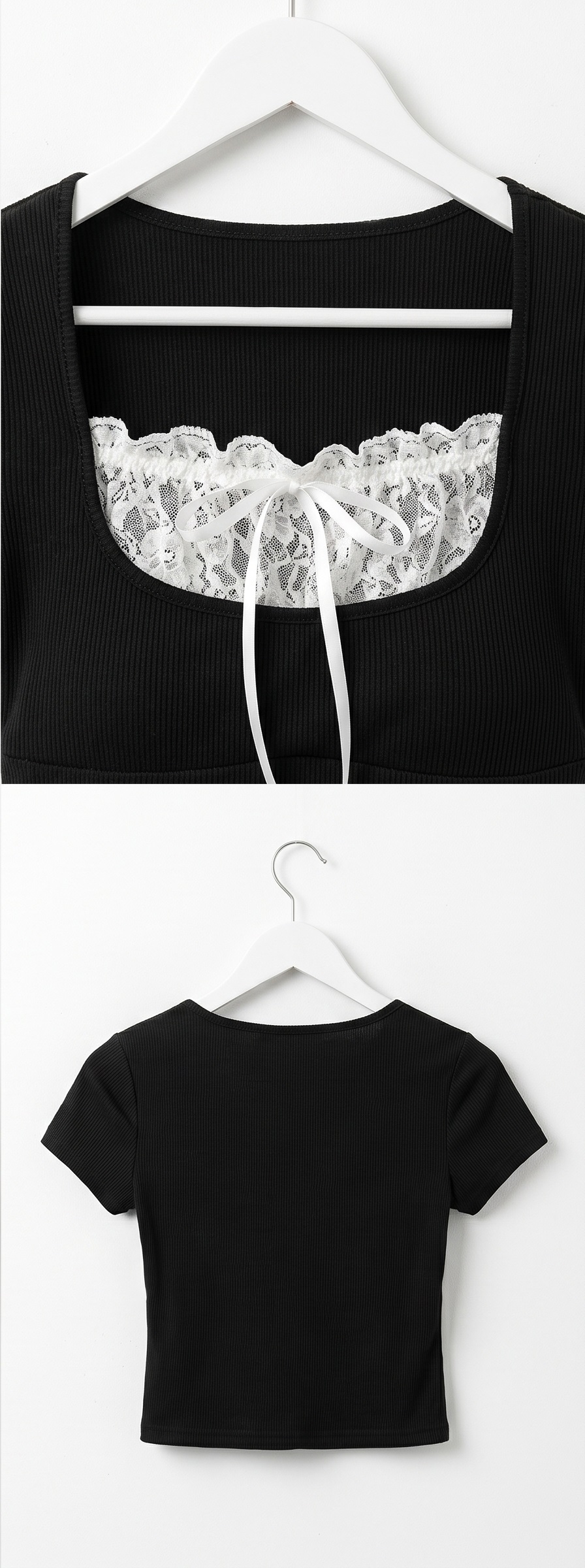 レースコンビスクエアネッククロップドレイヤード風半袖リボンTシャツ | 詳細画像14