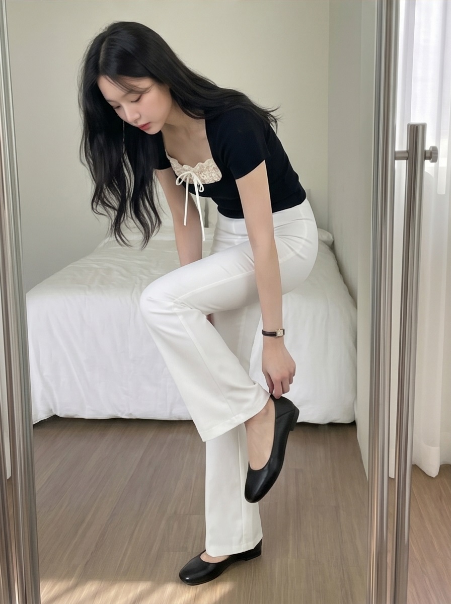 レースコンビスクエアネッククロップドレイヤード風半袖リボンTシャツ | 詳細画像11