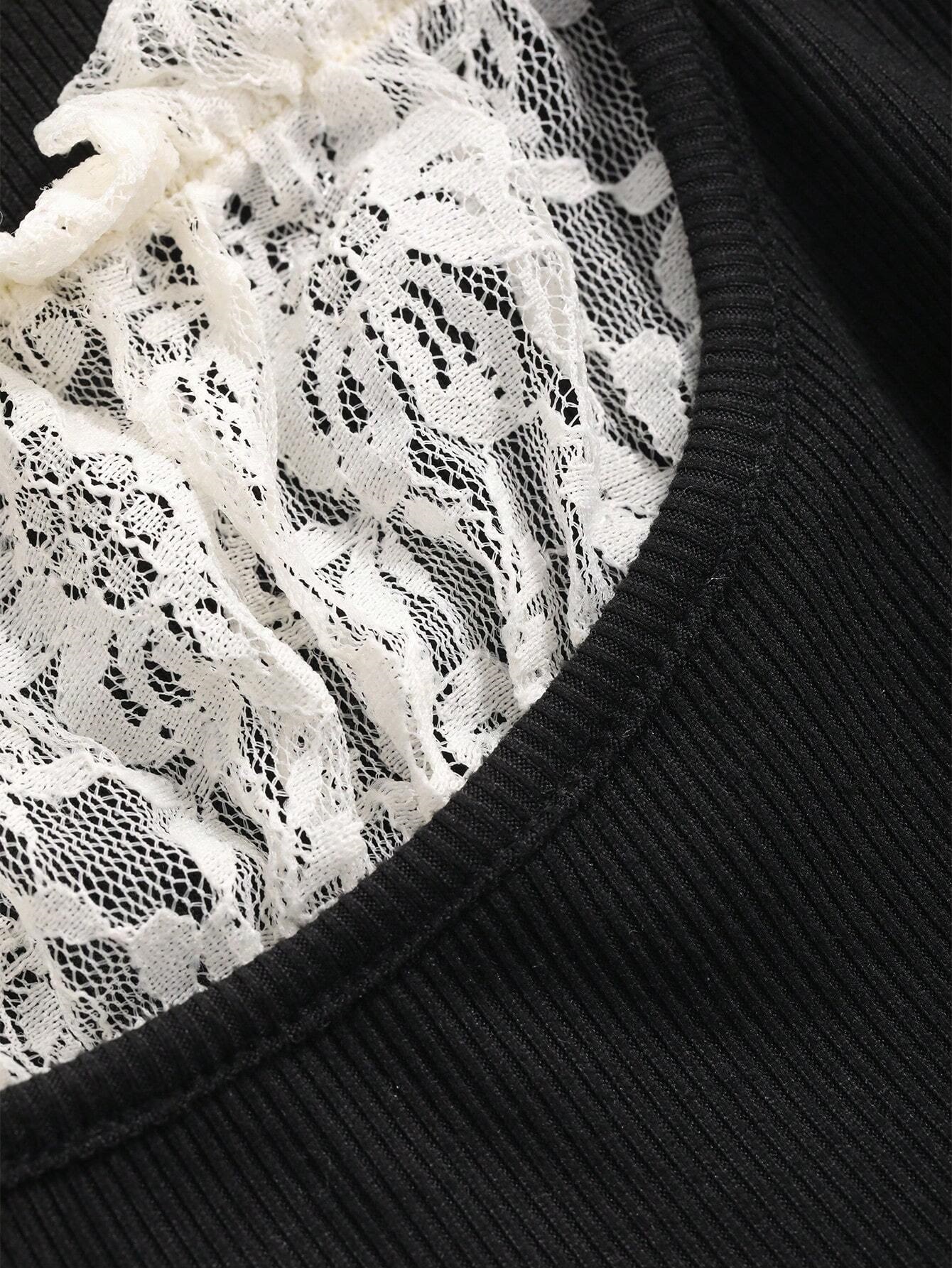 レースコンビスクエアネッククロップドレイヤード風半袖リボンTシャツ | 詳細画像13