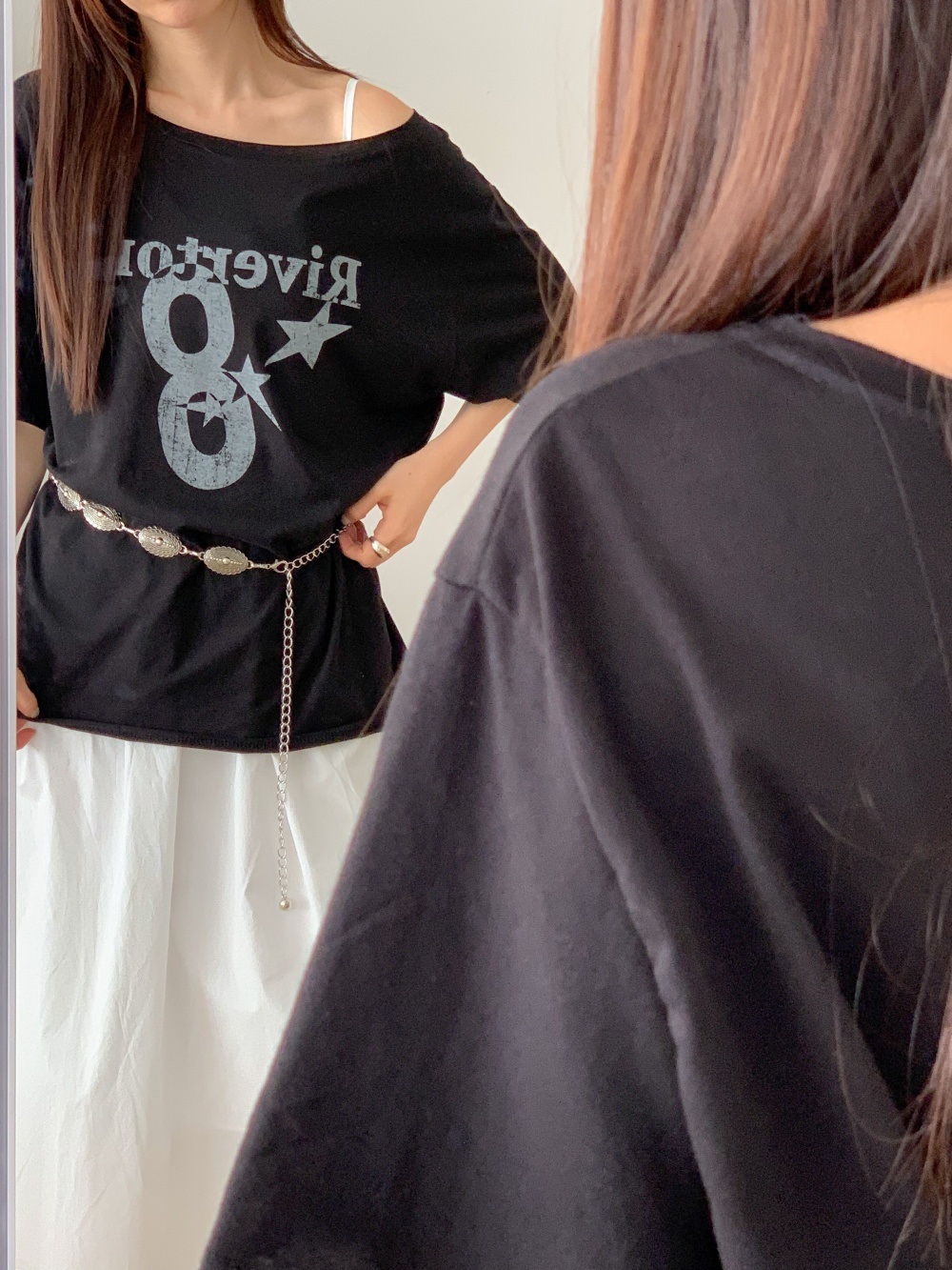 コットンオフショルダーオーバーサイズボクシールーズ半袖レタリングナンバー星柄Tシャツ | 詳細画像3