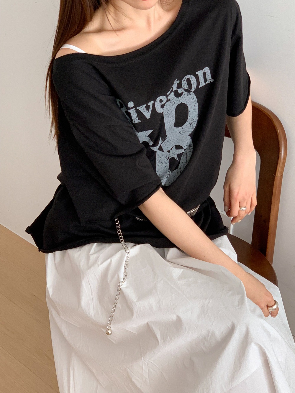 コットンオフショルダーオーバーサイズボクシールーズ半袖レタリングナンバー星柄Tシャツ | 詳細画像6