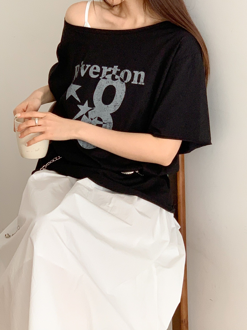 コットンオフショルダーオーバーサイズボクシールーズ半袖レタリングナンバー星柄Tシャツ | 詳細画像7