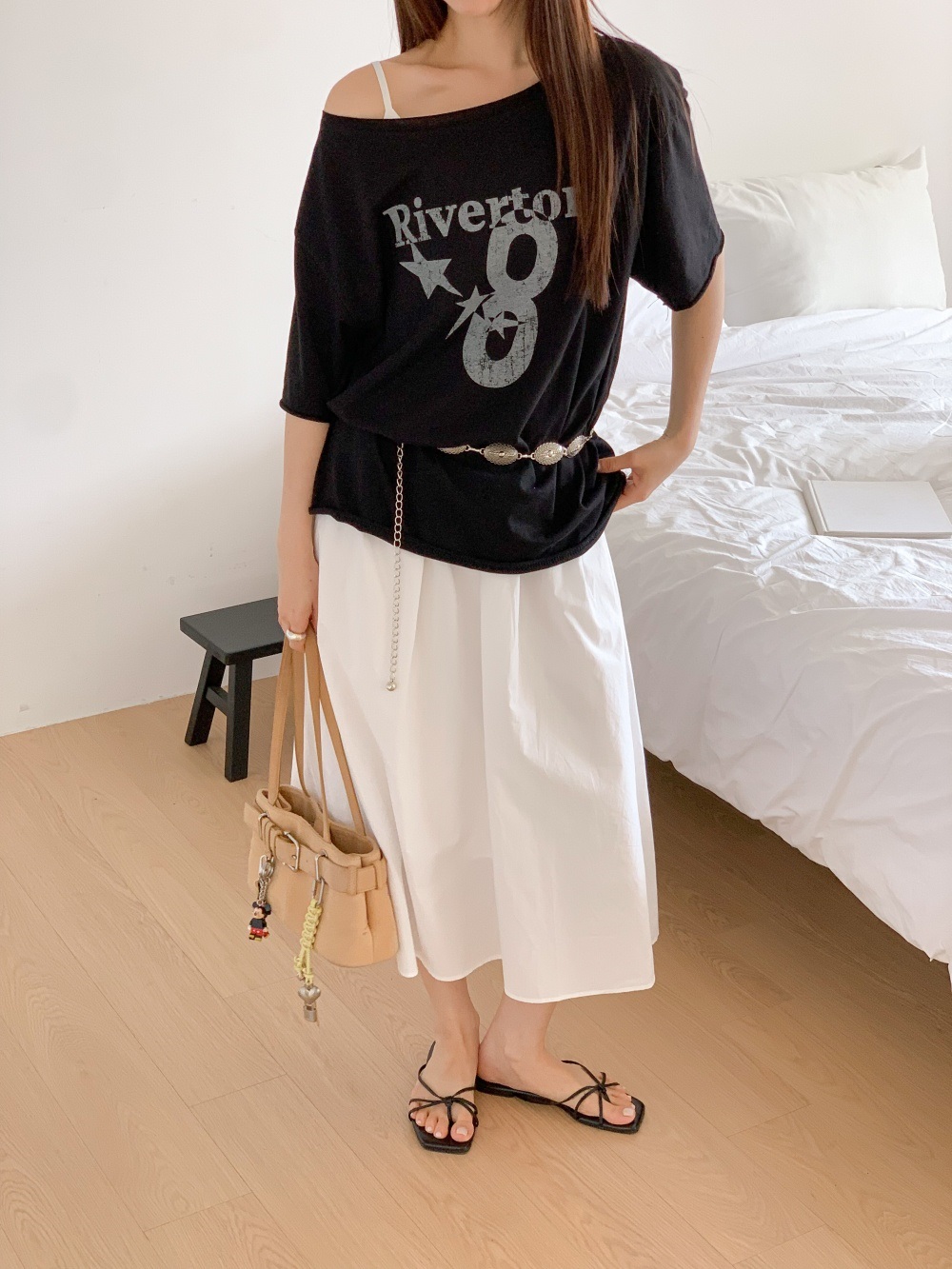 コットンオフショルダーオーバーサイズボクシールーズ半袖レタリングナンバー星柄Tシャツ | 詳細画像9