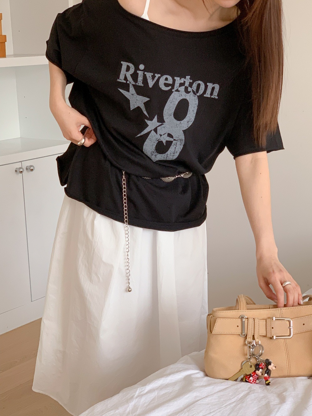 コットンオフショルダーオーバーサイズボクシールーズ半袖レタリングナンバー星柄Tシャツ | 詳細画像12
