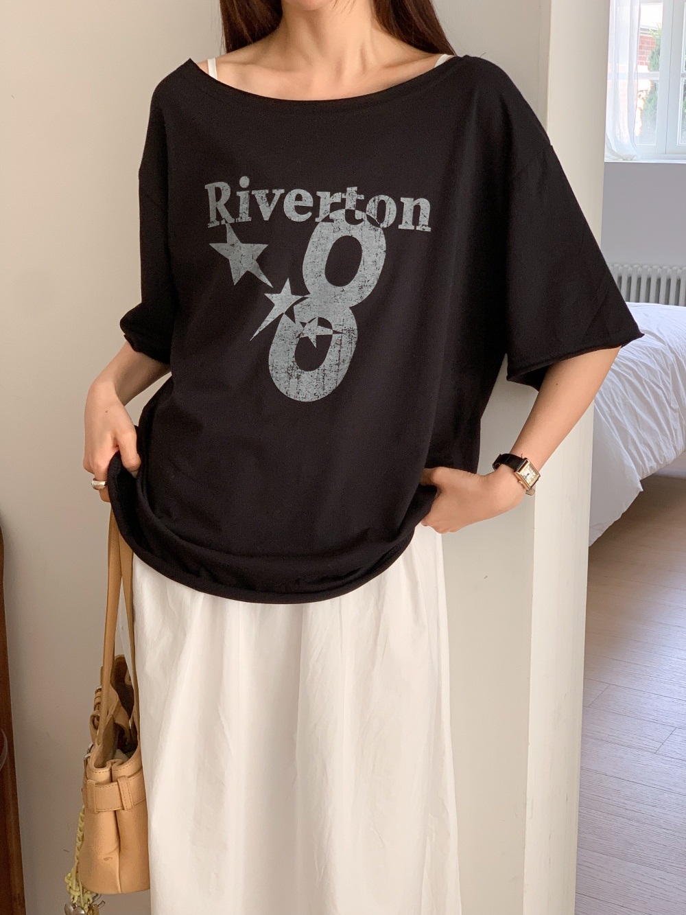 コットンオフショルダーオーバーサイズボクシールーズ半袖レタリングナンバー星柄Tシャツ | 詳細画像13