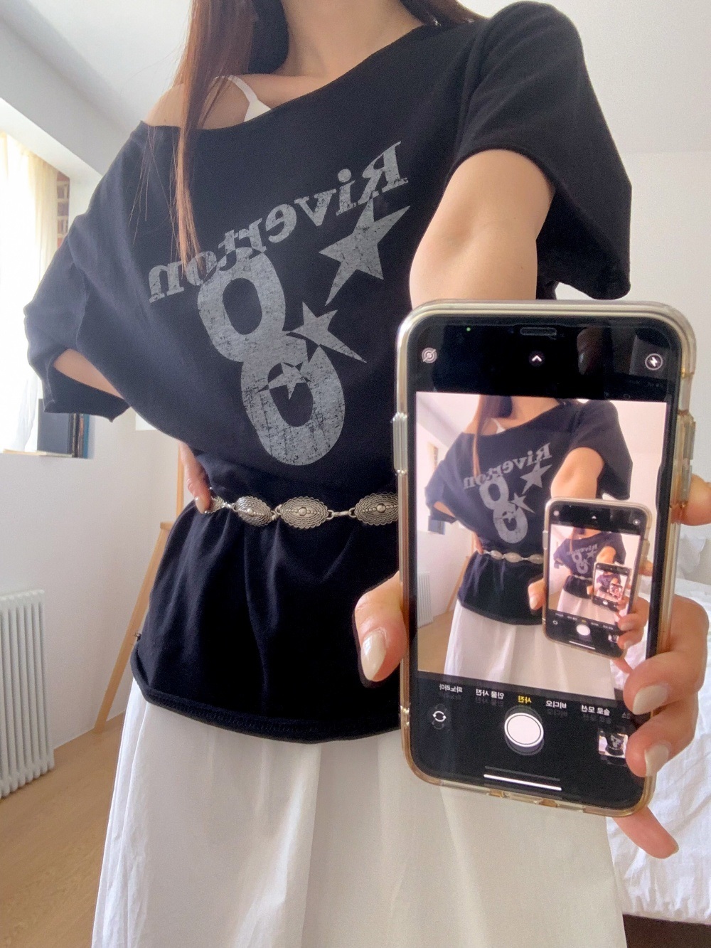 コットンオフショルダーオーバーサイズボクシールーズ半袖レタリングナンバー星柄Tシャツ | 詳細画像14
