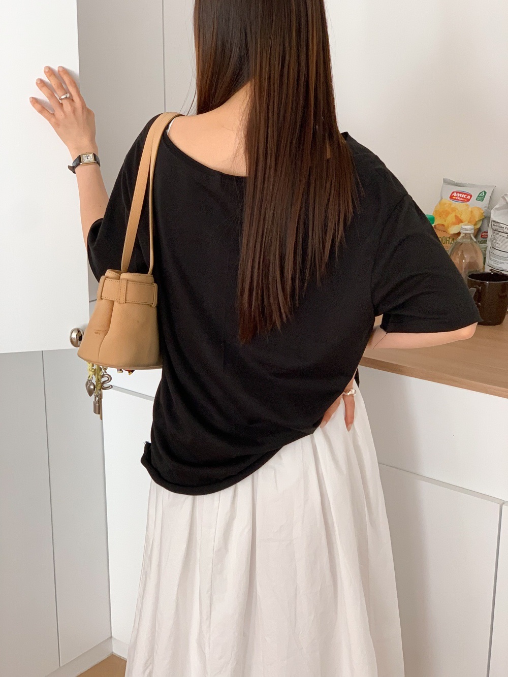 コットンオフショルダーオーバーサイズボクシールーズ半袖レタリングナンバー星柄Tシャツ | 詳細画像15