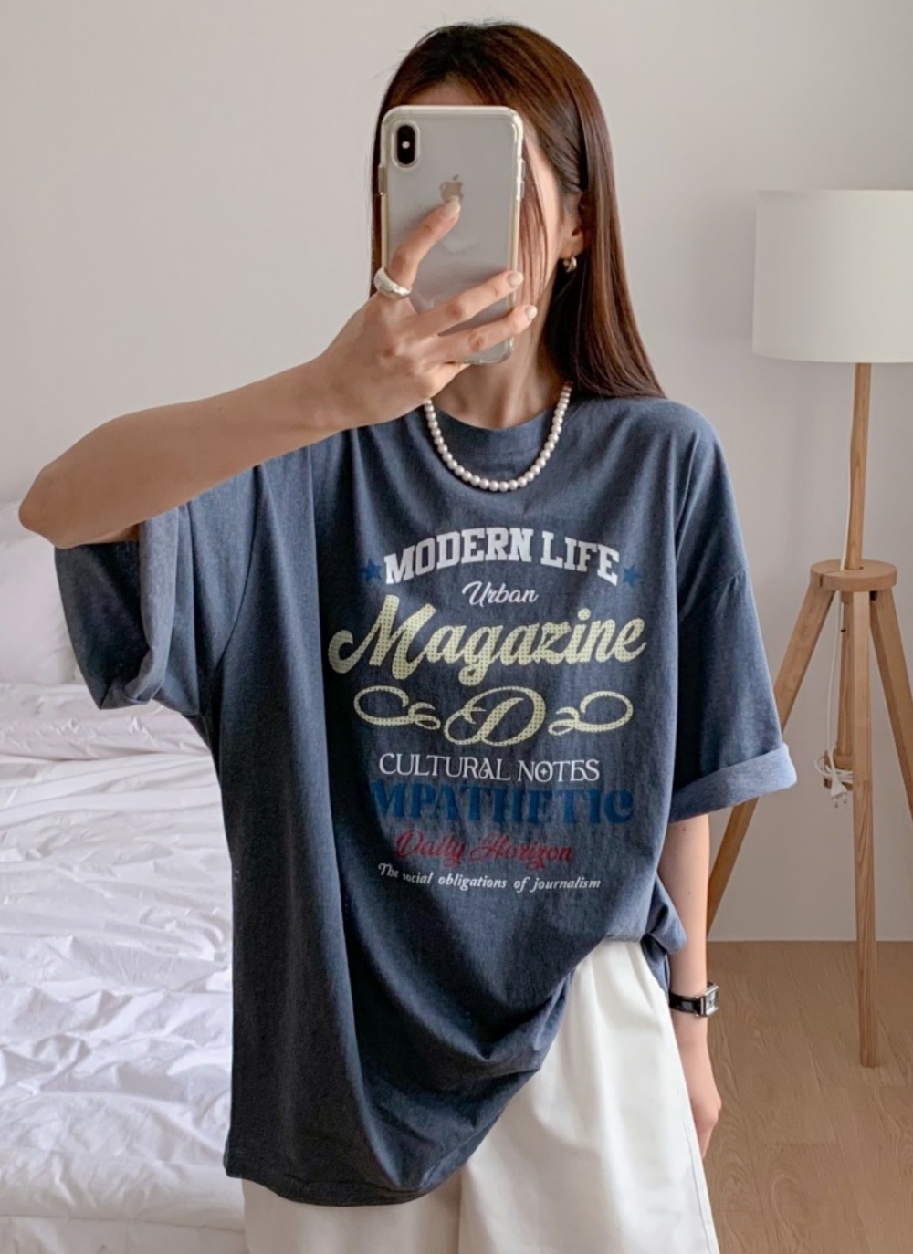 コットンラウンドネックオーバーサイズボクシールーズ半袖ドロップショルダーレタリング配色Tシャツ | 詳細画像2
