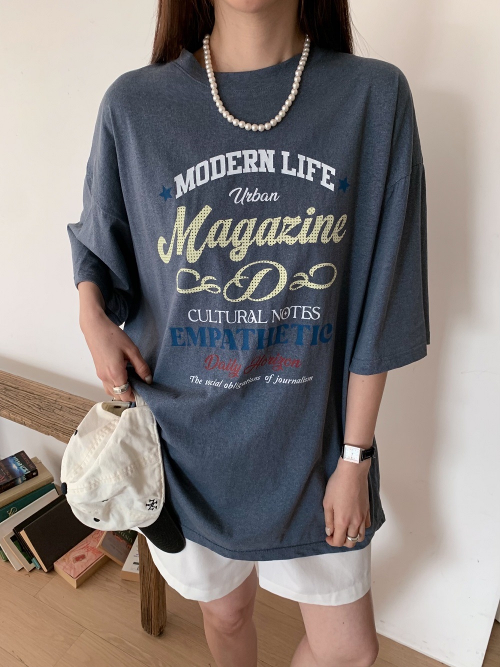 コットンラウンドネックオーバーサイズボクシールーズ半袖ドロップショルダーレタリング配色Tシャツ | 詳細画像4