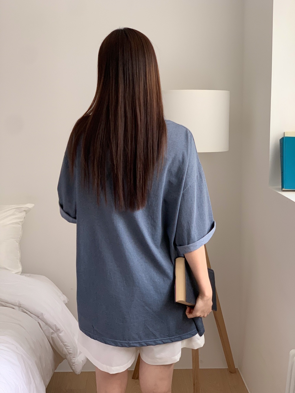 コットンラウンドネックオーバーサイズボクシールーズ半袖ドロップショルダーレタリング配色Tシャツ | 詳細画像5