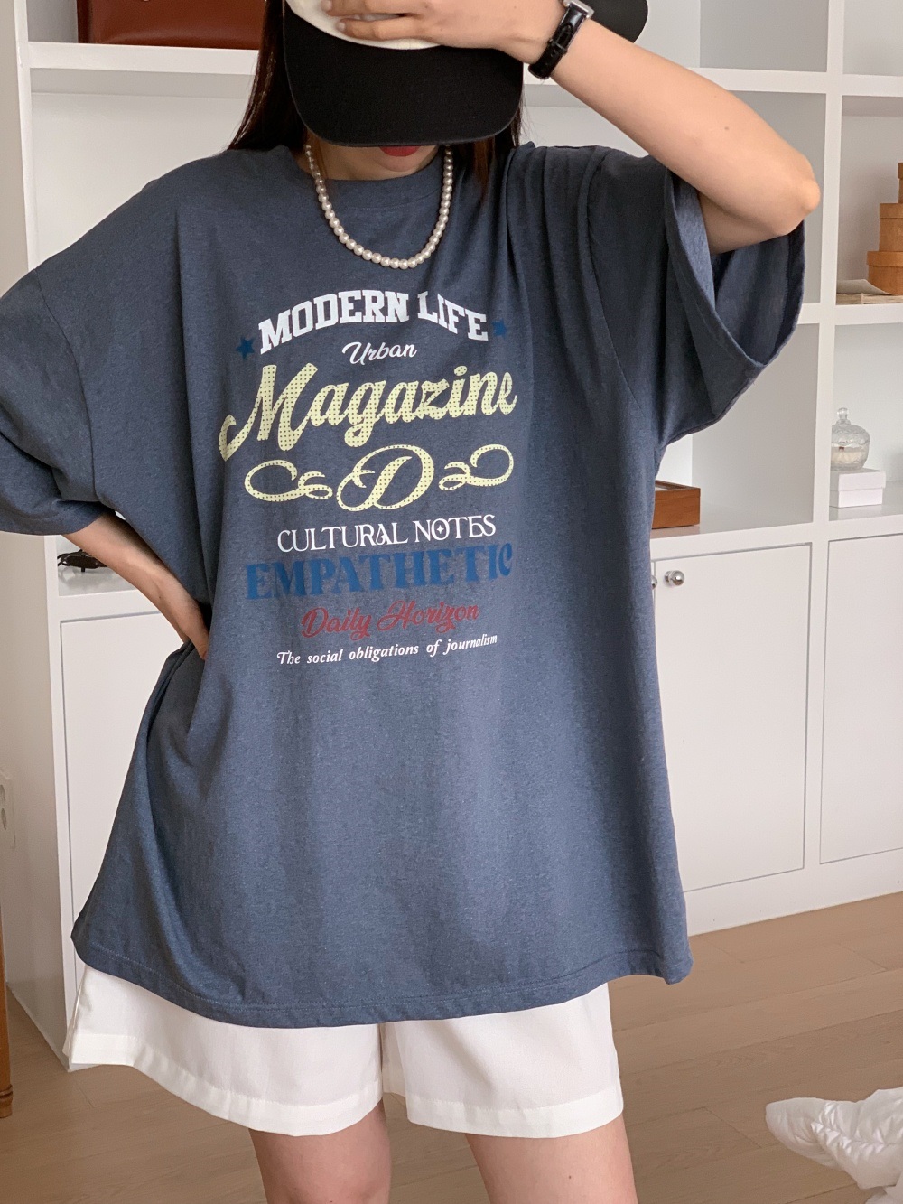 コットンラウンドネックオーバーサイズボクシールーズ半袖ドロップショルダーレタリング配色Tシャツ | 詳細画像6