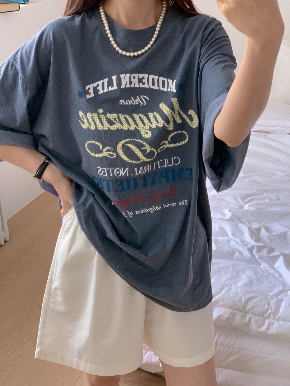 コットンラウンドネックオーバーサイズボクシールーズ半袖ドロップショルダーレタリング配色Tシャツ | 詳細画像7