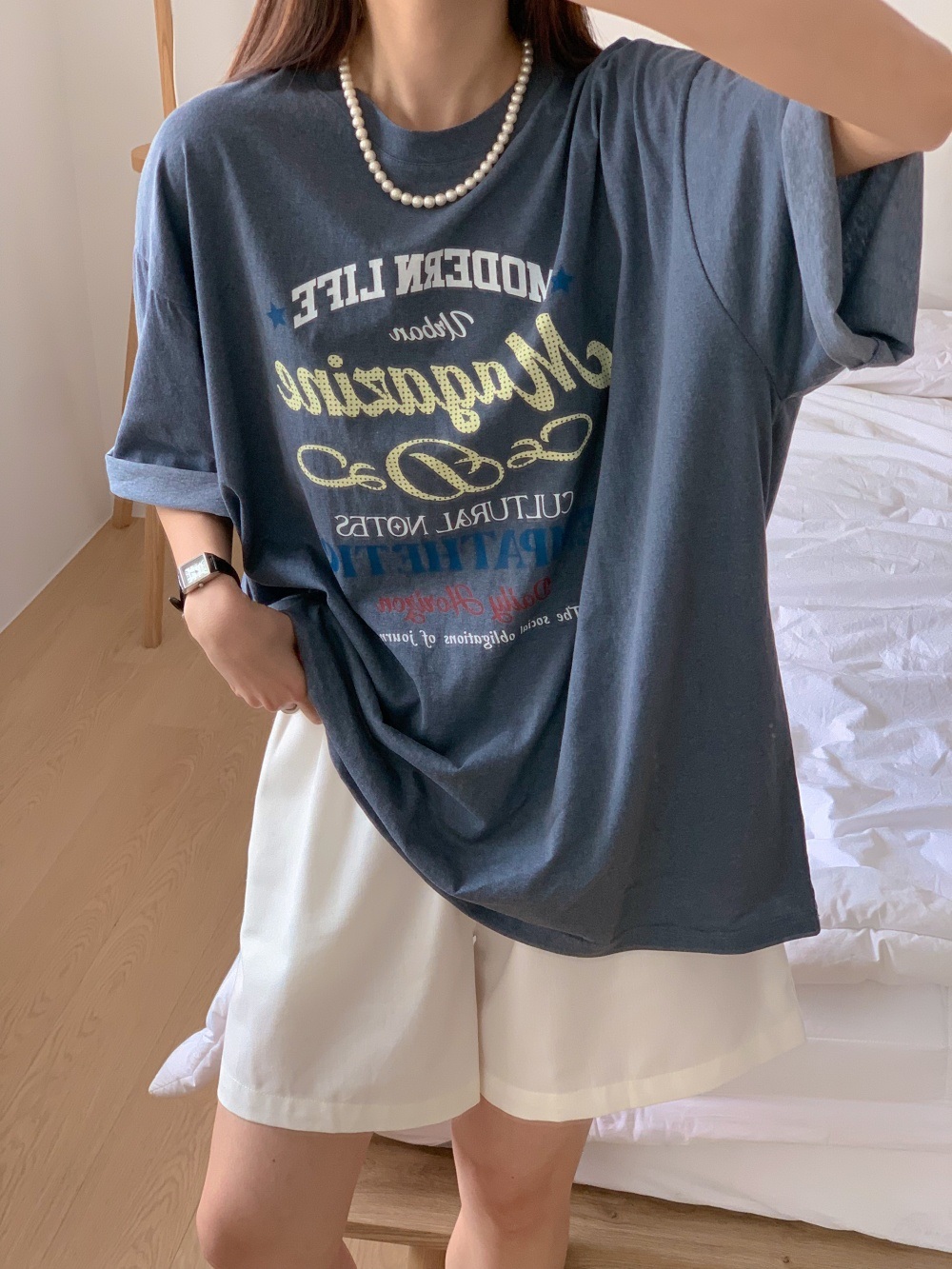 コットンラウンドネックオーバーサイズボクシールーズ半袖ドロップショルダーレタリング配色Tシャツ | 詳細画像8