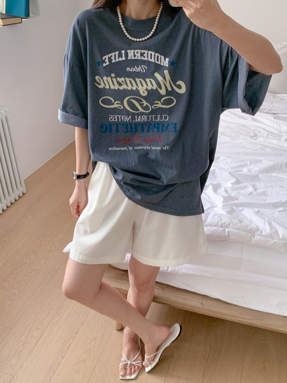 コットンラウンドネックオーバーサイズボクシールーズ半袖ドロップショルダーレタリング配色Tシャツ | 詳細画像9