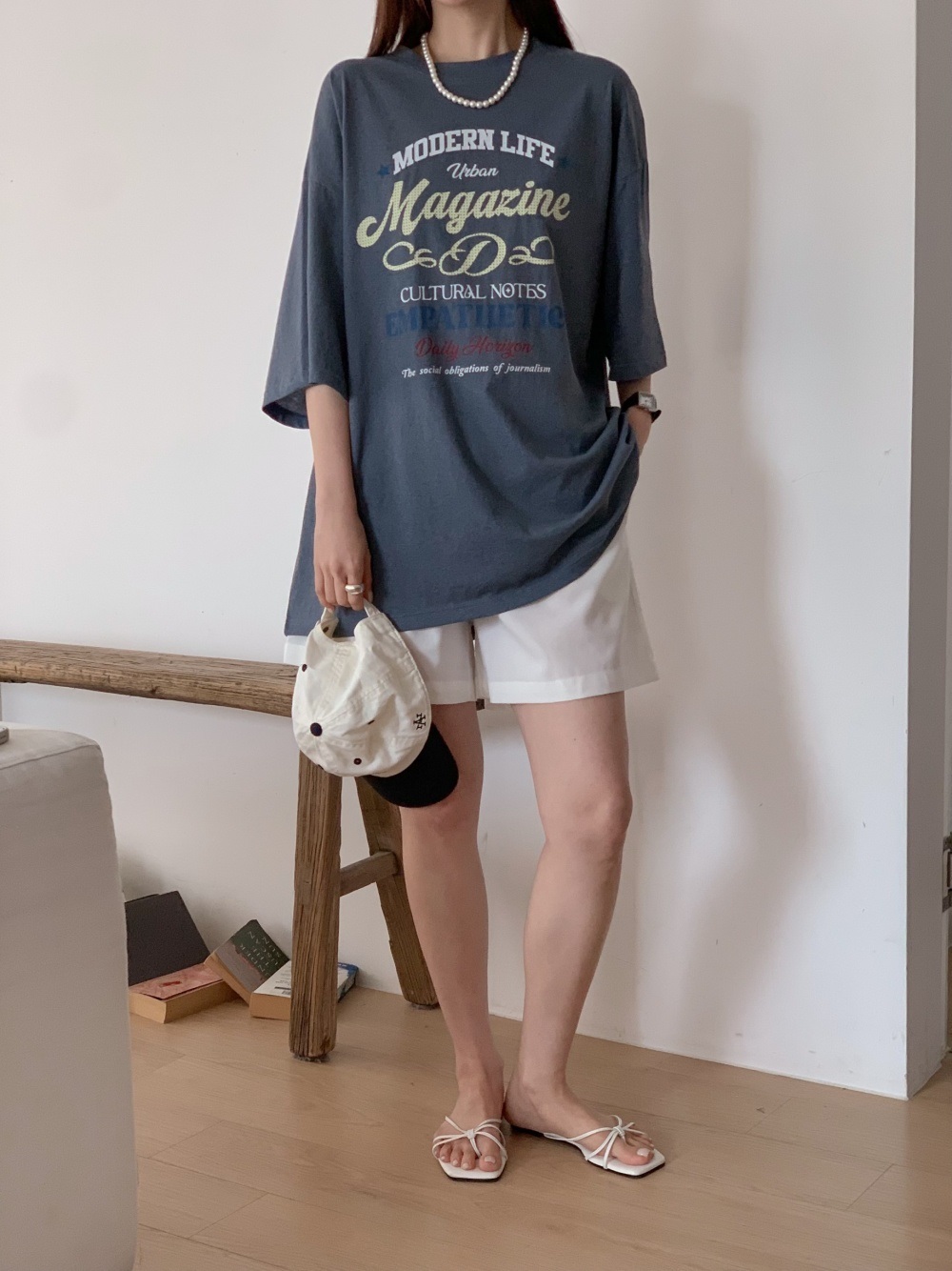 コットンラウンドネックオーバーサイズボクシールーズ半袖ドロップショルダーレタリング配色Tシャツ | 詳細画像10
