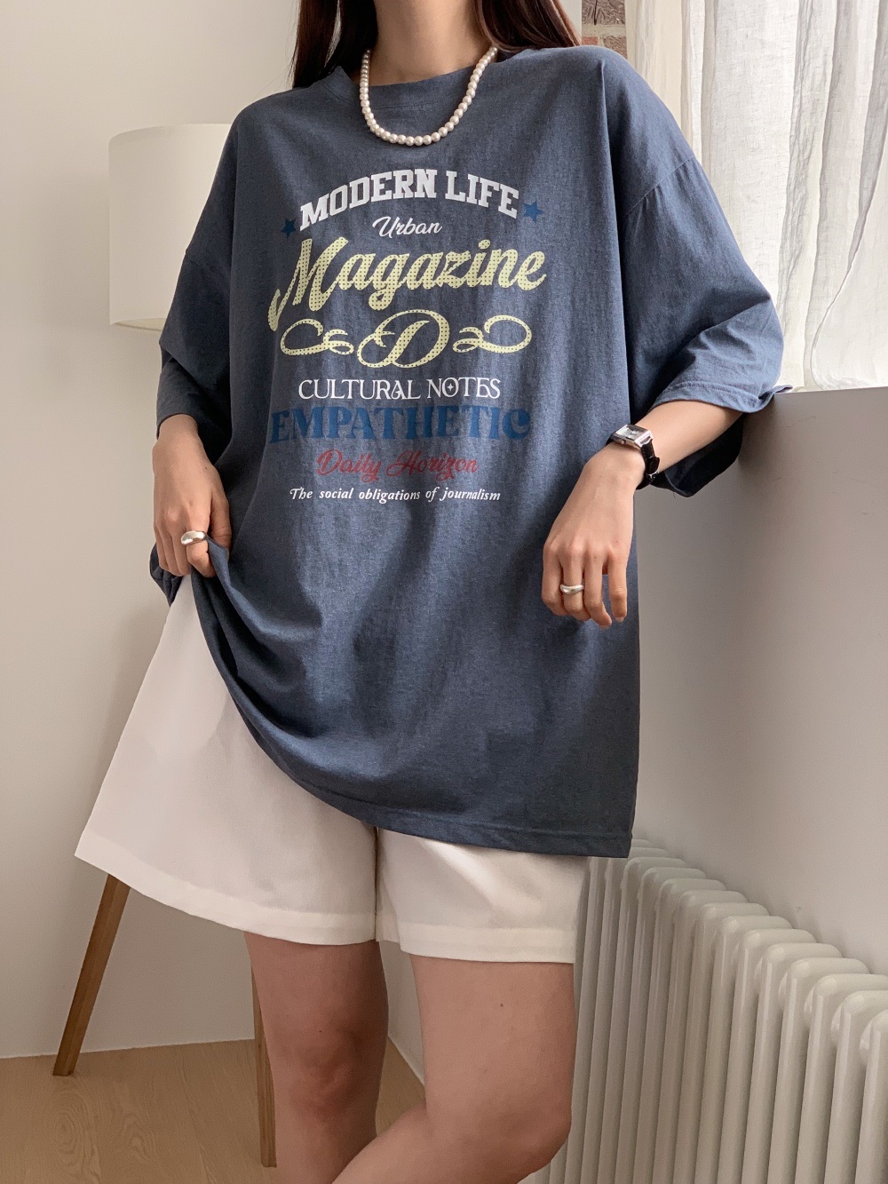 コットンラウンドネックオーバーサイズボクシールーズ半袖ドロップショルダーレタリング配色Tシャツ | 詳細画像11