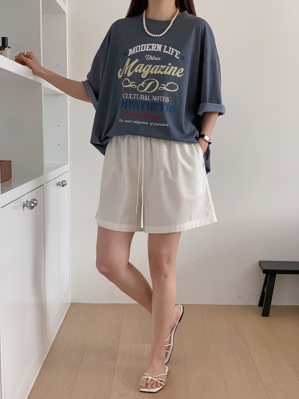 コットンラウンドネックオーバーサイズボクシールーズ半袖ドロップショルダーレタリング配色Tシャツ | 詳細画像13