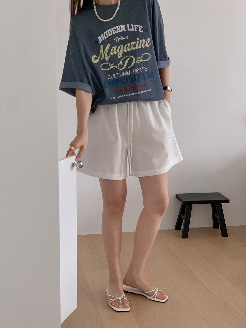 コットンラウンドネックオーバーサイズボクシールーズ半袖ドロップショルダーレタリング配色Tシャツ | 詳細画像14