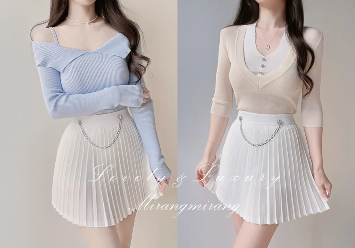 キュービックプリーツミニサイドジップスカートチェーンセット | mirangmirang | 詳細画像1