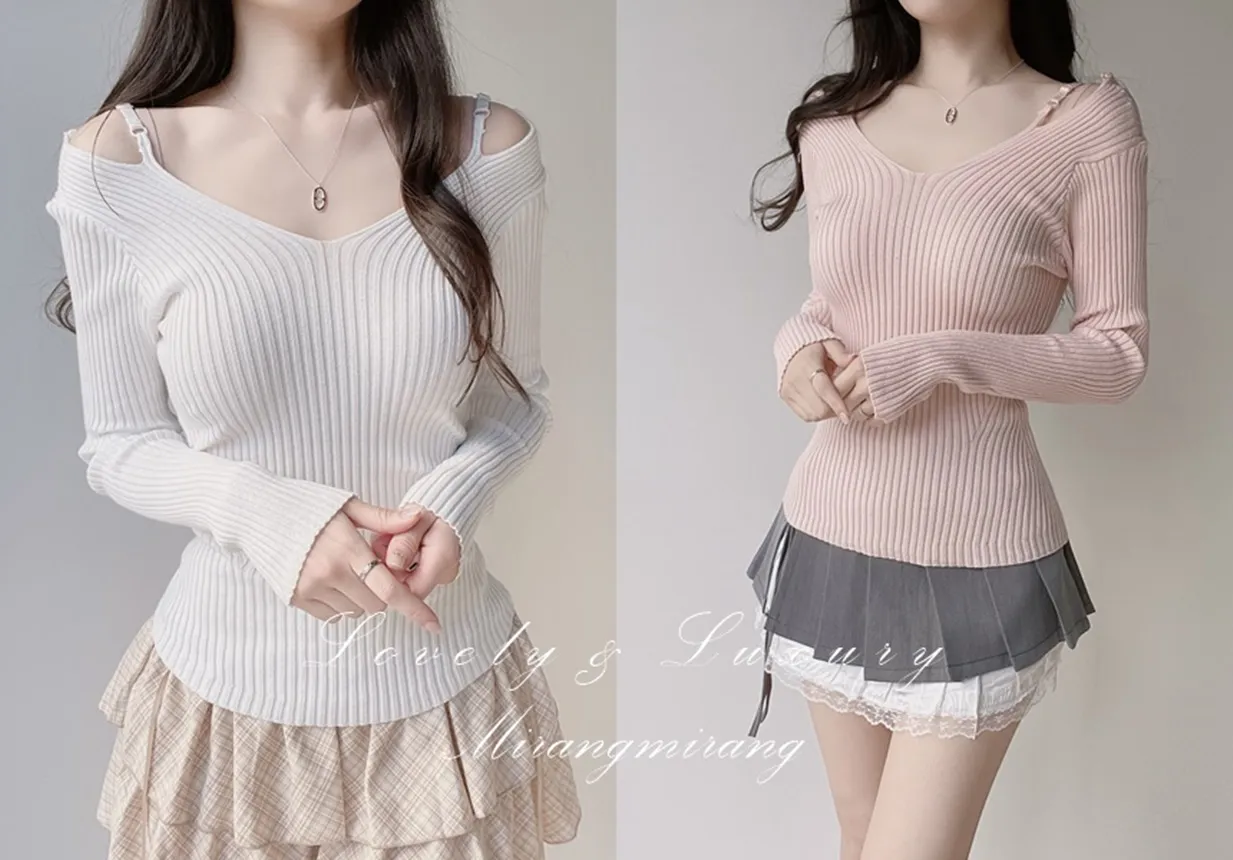 リブオフショルダーストラップ長袖Vネックニット | mirangmirang | 詳細画像1