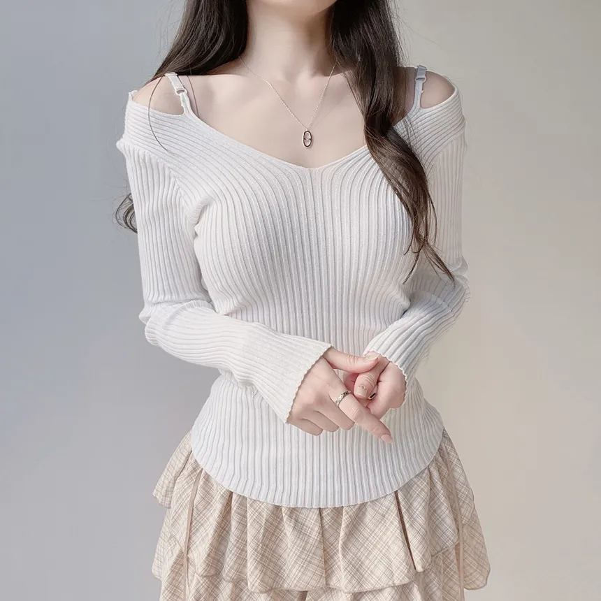 リブオフショルダーストラップ長袖Vネックニット | mirangmirang | 詳細画像2