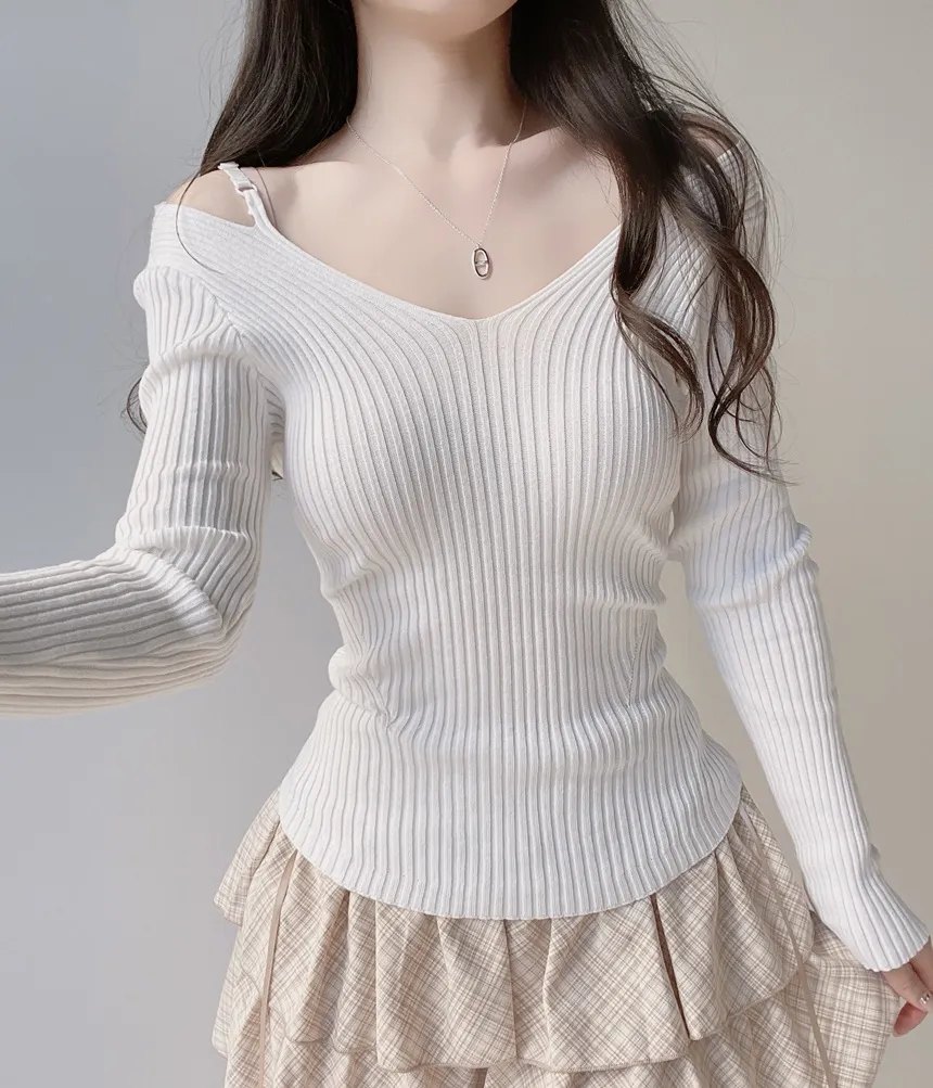 リブオフショルダーストラップ長袖Vネックニット | mirangmirang | 詳細画像3