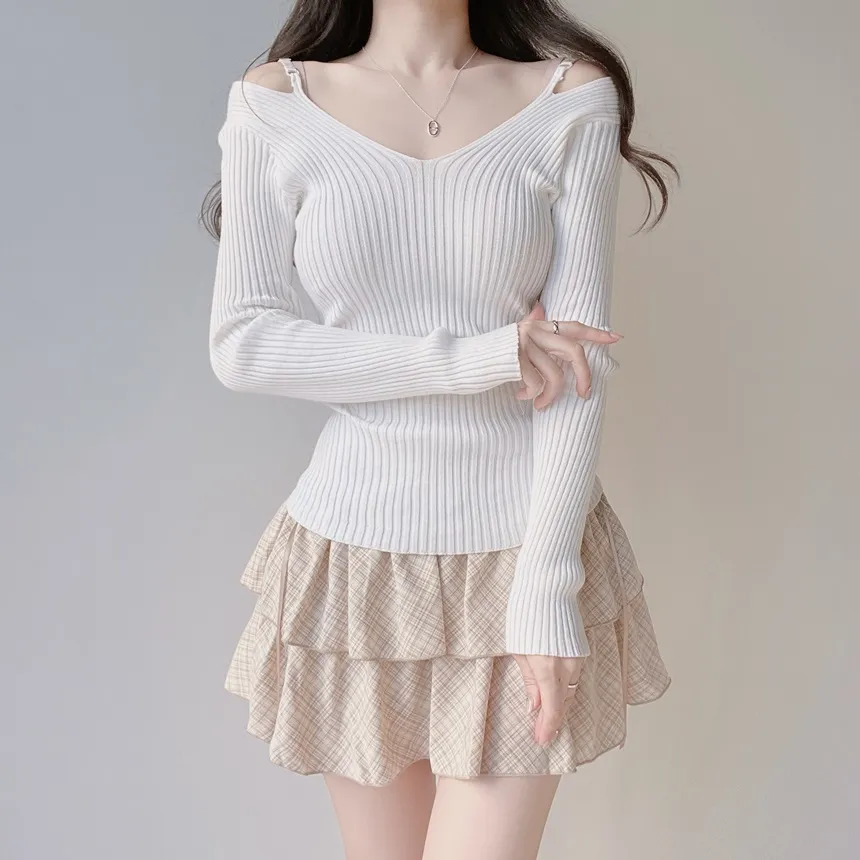 リブオフショルダーストラップ長袖Vネックニット | mirangmirang | 詳細画像4