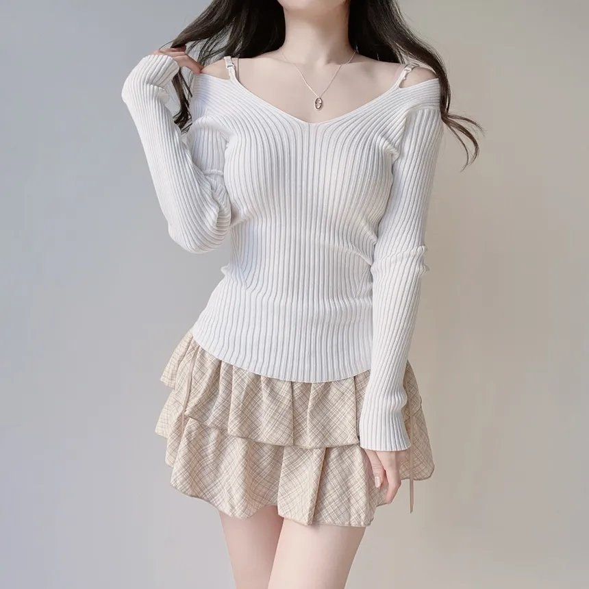 リブオフショルダーストラップ長袖Vネックニット | mirangmirang | 詳細画像5