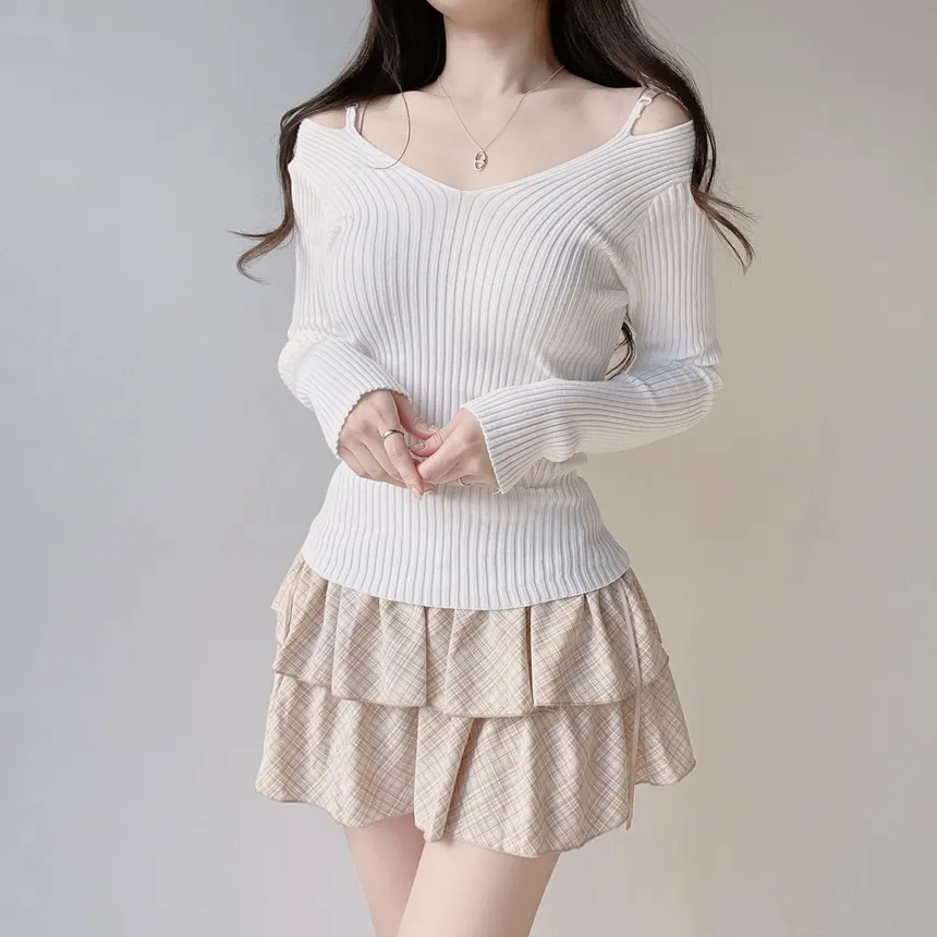 リブオフショルダーストラップ長袖Vネックニット | mirangmirang | 詳細画像6