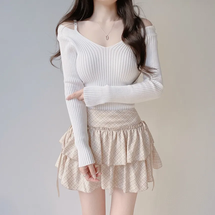 リブオフショルダーストラップ長袖Vネックニット | mirangmirang | 詳細画像7