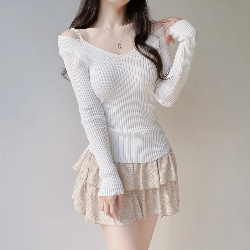 リブオフショルダーストラップ長袖Vネックニット | mirangmirang | 詳細画像8