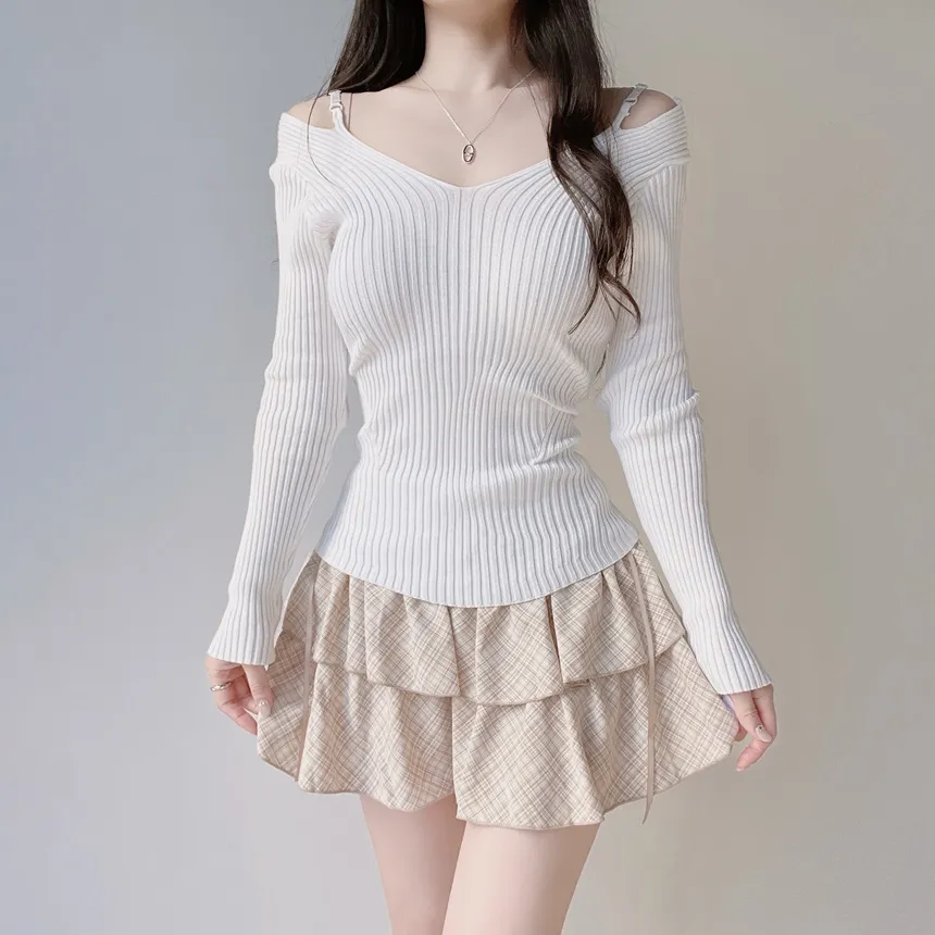 リブオフショルダーストラップ長袖Vネックニット | mirangmirang | 詳細画像9