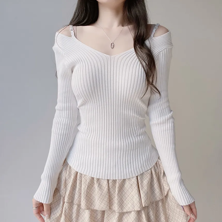 リブオフショルダーストラップ長袖Vネックニット | mirangmirang | 詳細画像10