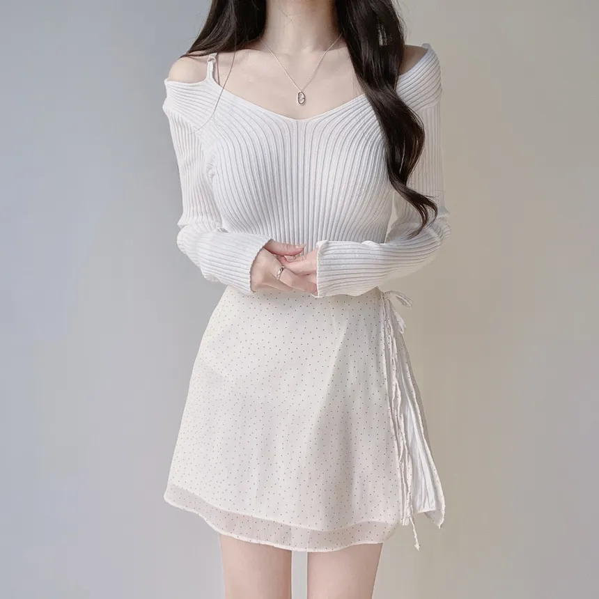 リブオフショルダーストラップ長袖Vネックニット | mirangmirang | 詳細画像11