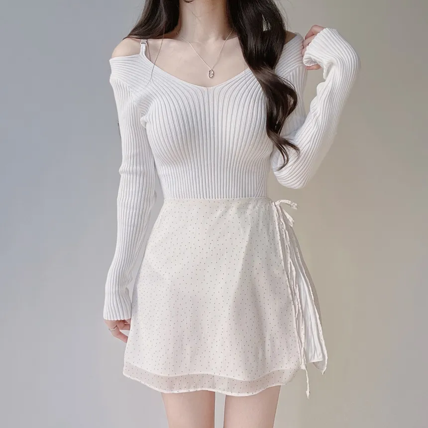 リブオフショルダーストラップ長袖Vネックニット | mirangmirang | 詳細画像12