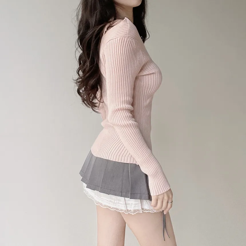 リブオフショルダーストラップ長袖Vネックニット | mirangmirang | 詳細画像16