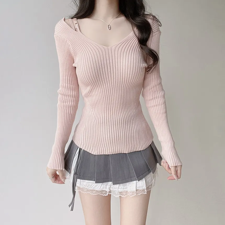 リブオフショルダーストラップ長袖Vネックニット | mirangmirang | 詳細画像18